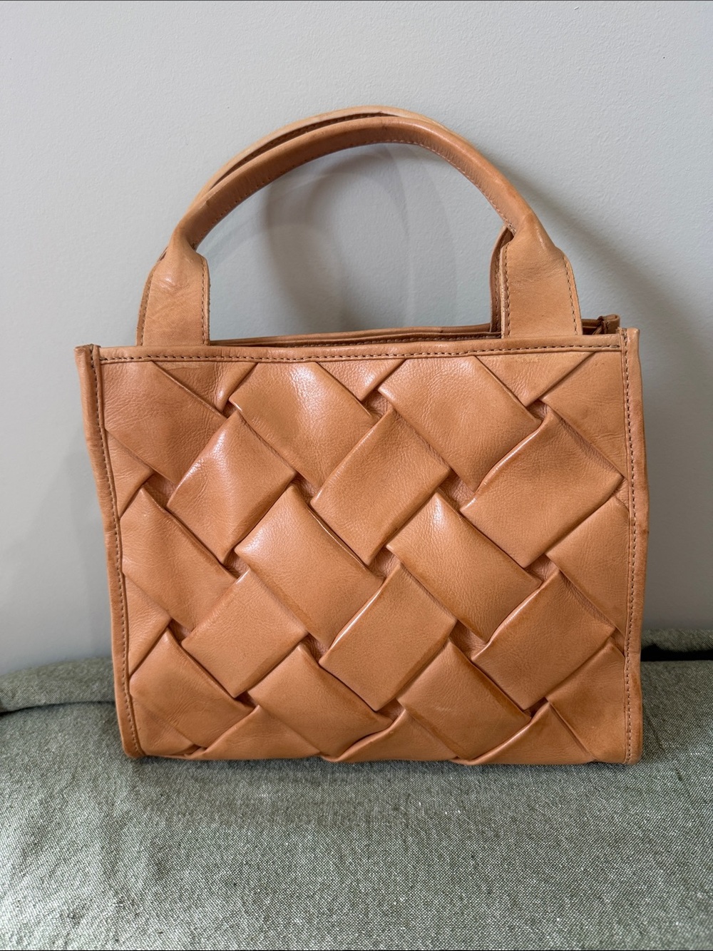 Woven Top-Handle Leather Tote in Tan